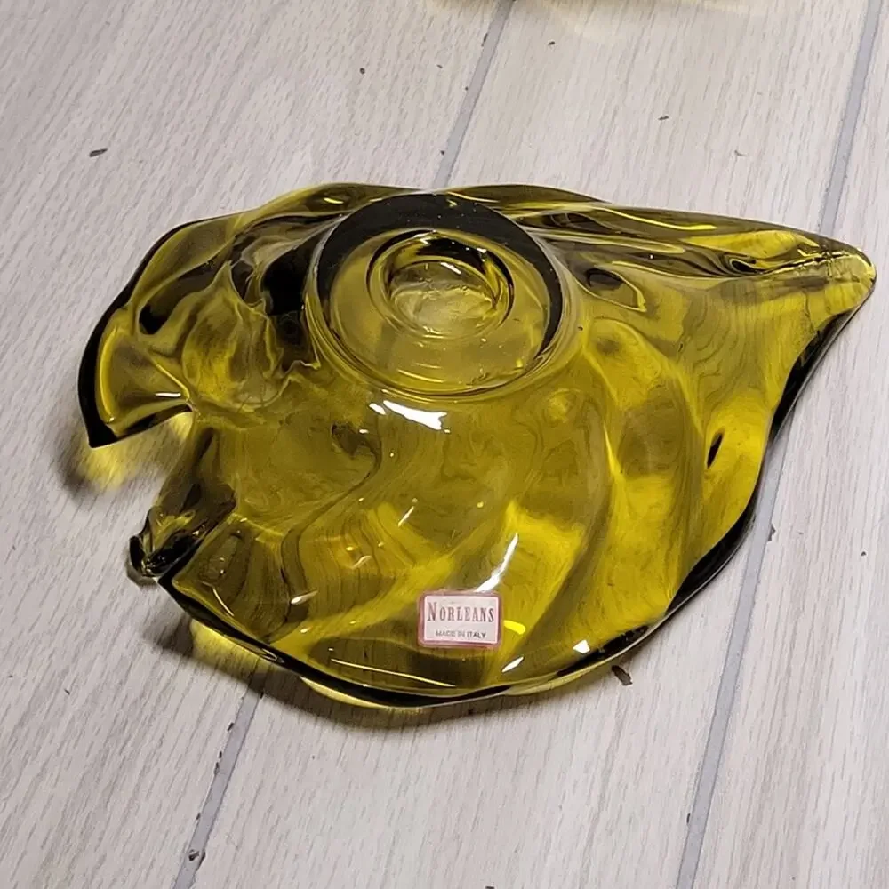 Vintage Noleans Italy Avacado Green Glass Leaf Candy Dish Candle Holder Set READ